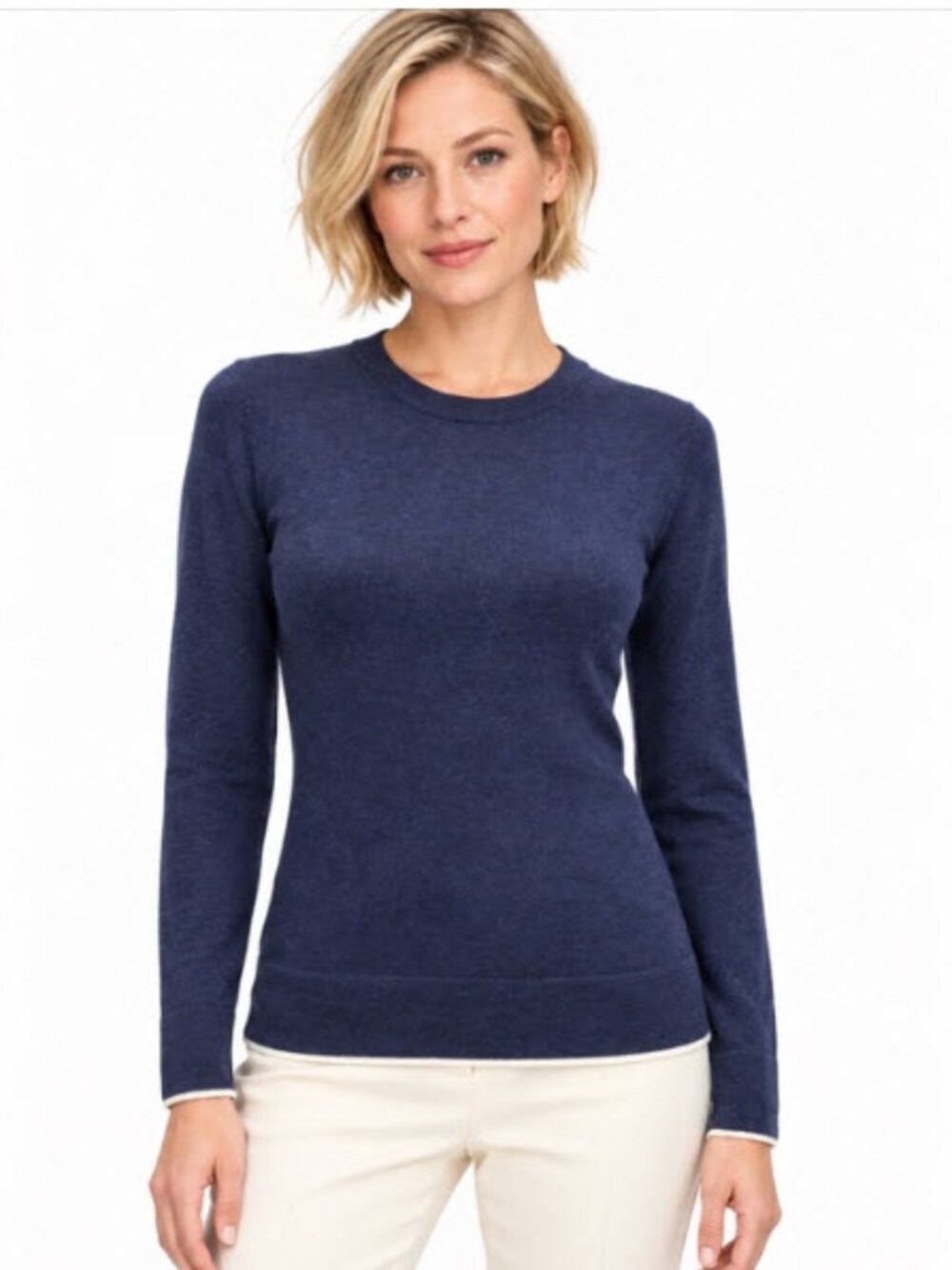 Club Monaco Extra Fine Merino Wool Navy Crewneck Sweater NWOT White Trim M